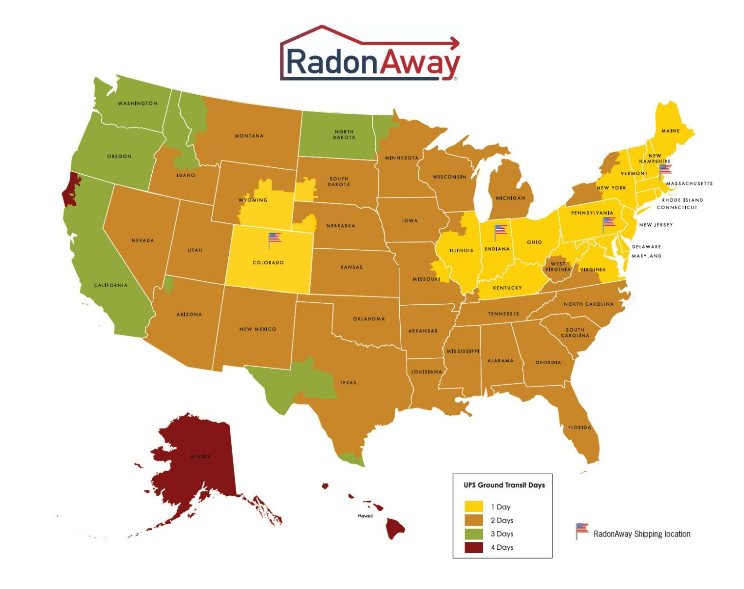 RadonAway UPS Ground Transit Shipping Map - USA